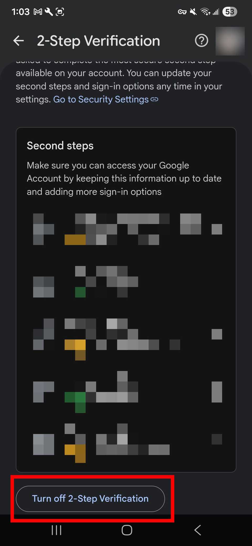 Red rectangle outline highlighting Turn off 2-Step verification at the bottom of the screen for a Google account