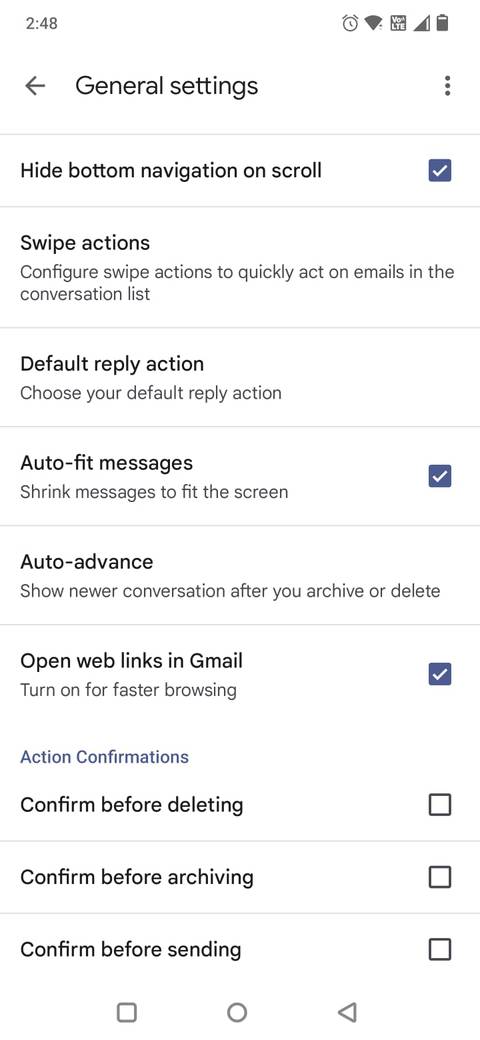 Screenshot showing the Auto-advance option in Gmail Settings 