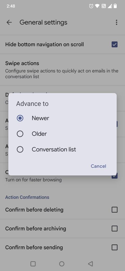 Screenshot showing the Advance to options in Gmail Settings