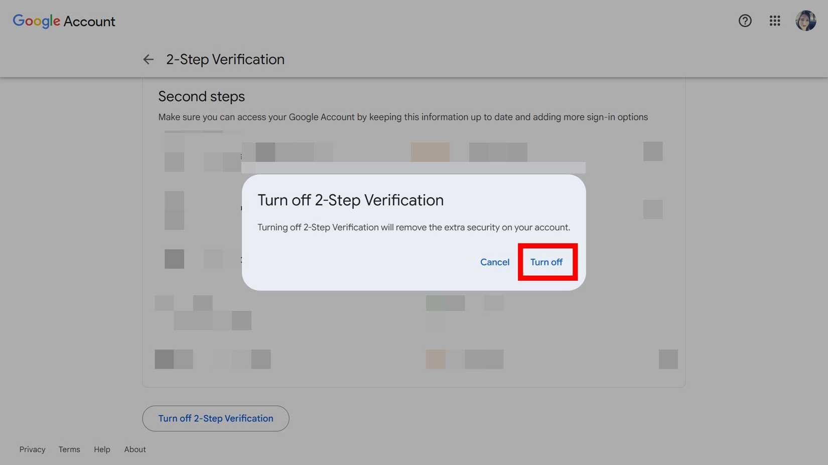 Contorno de retângulo vermelho destacando a opção Desativar na janela Desativar verificação em duas etapas para uma conta do Google na web