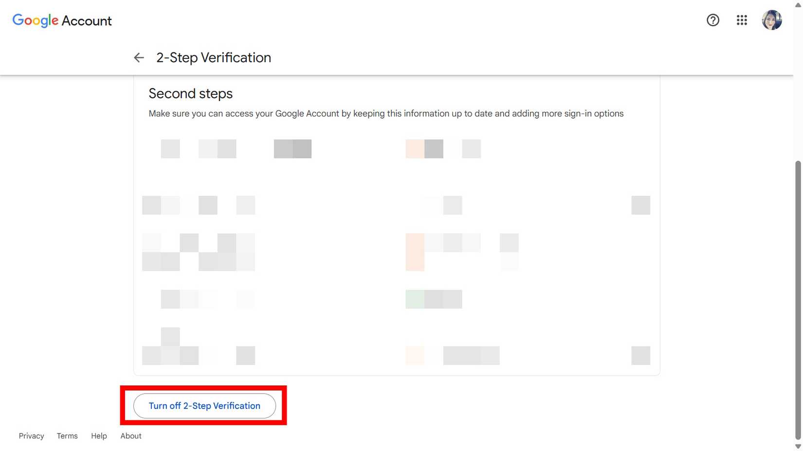 Contorno de retângulo vermelho destacando a opção Desativar a verificação em duas etapas na parte inferior da tela para uma conta do Google