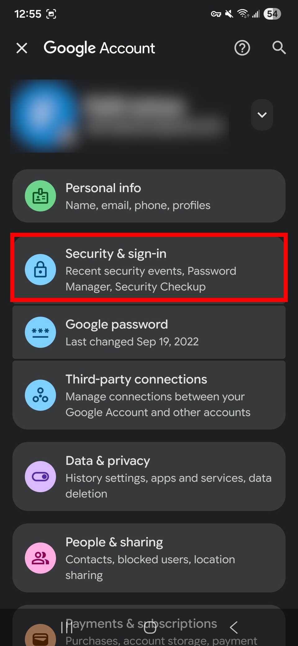 Red rectangle outline highlighting Security & sign-in option in Google account settings