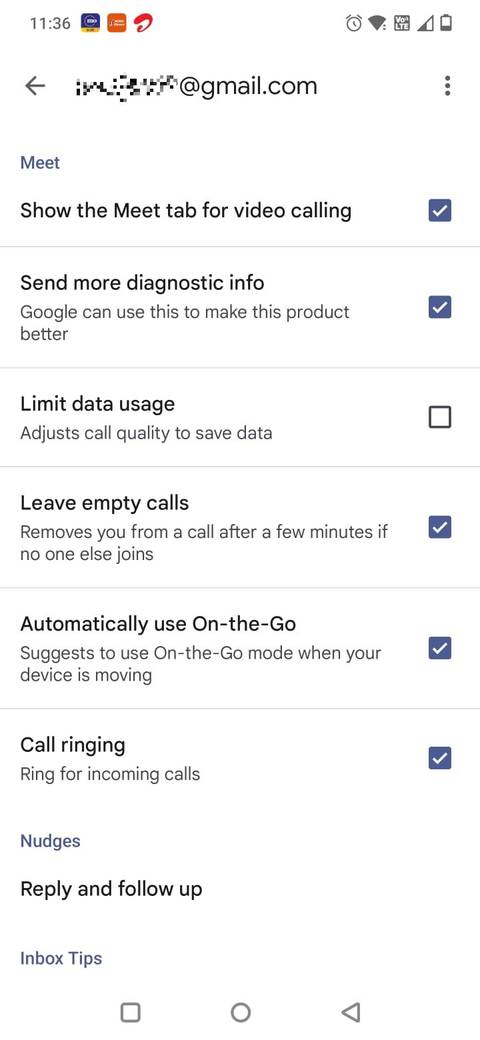 Screenshot showing the Meet option in Gmail Settings
