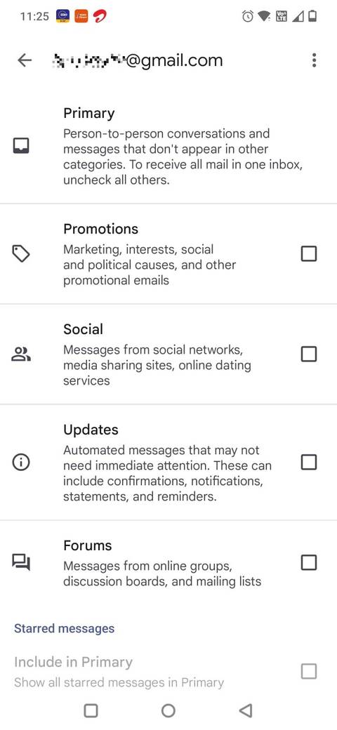 Screenshot showing the inbox categories in Gmail Settings 