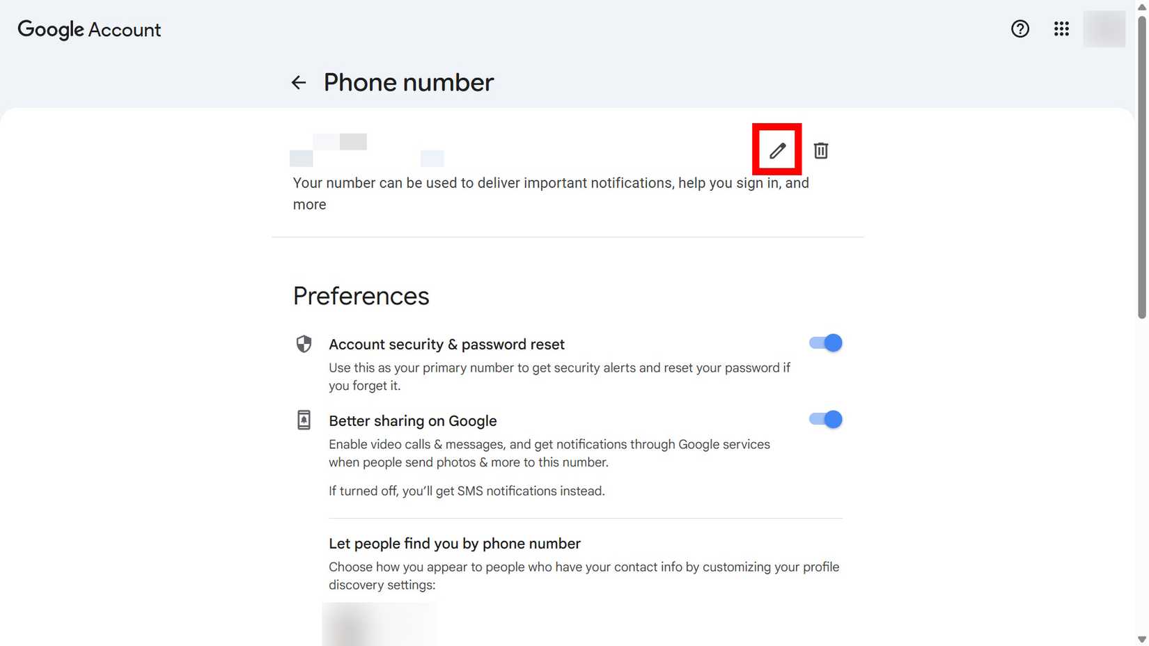 مخطط مستطيل أحمر يبرز زر تعديل رقم الهاتف بجوار رقم هاتف مسجل على حساب Google