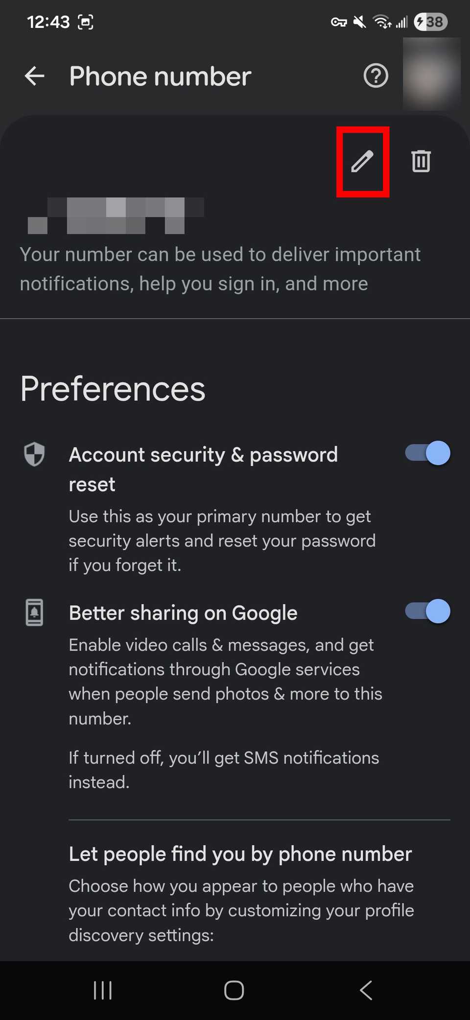 google account phone number edit button