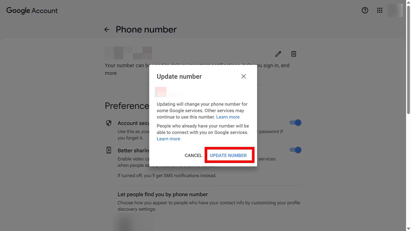 مخطط مستطيل أحمر يبرز رقم التحديث في نافذة رقم التحديث لحساب Google