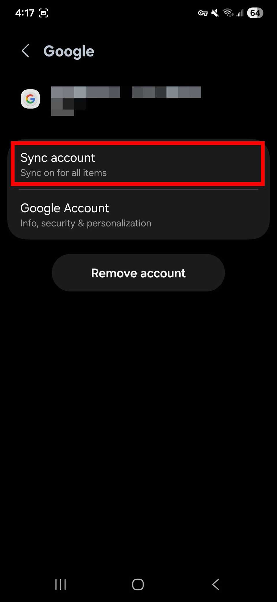 مخطط مستطيل أحمر يسلط الضوء على حساب المزامنة لحساب Google المسجل على جهاز Android