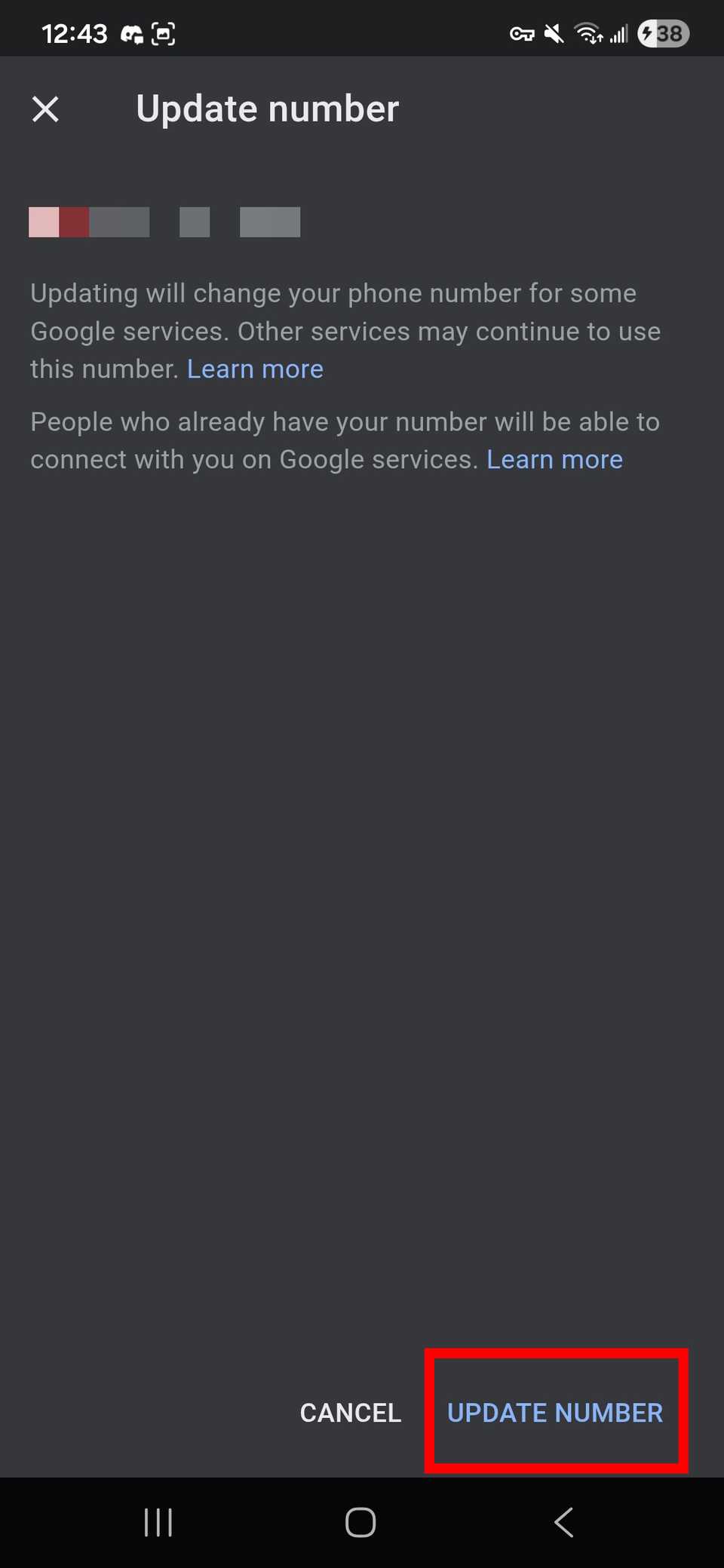 كيفية تحديث رقم هاتفك على حسابك في جوجل 6 مخطط مستطيل أحمر يبرز رقم التحديث في الزاوية اليمنى السفلية في صفحة رقم التحديث لحساب Google