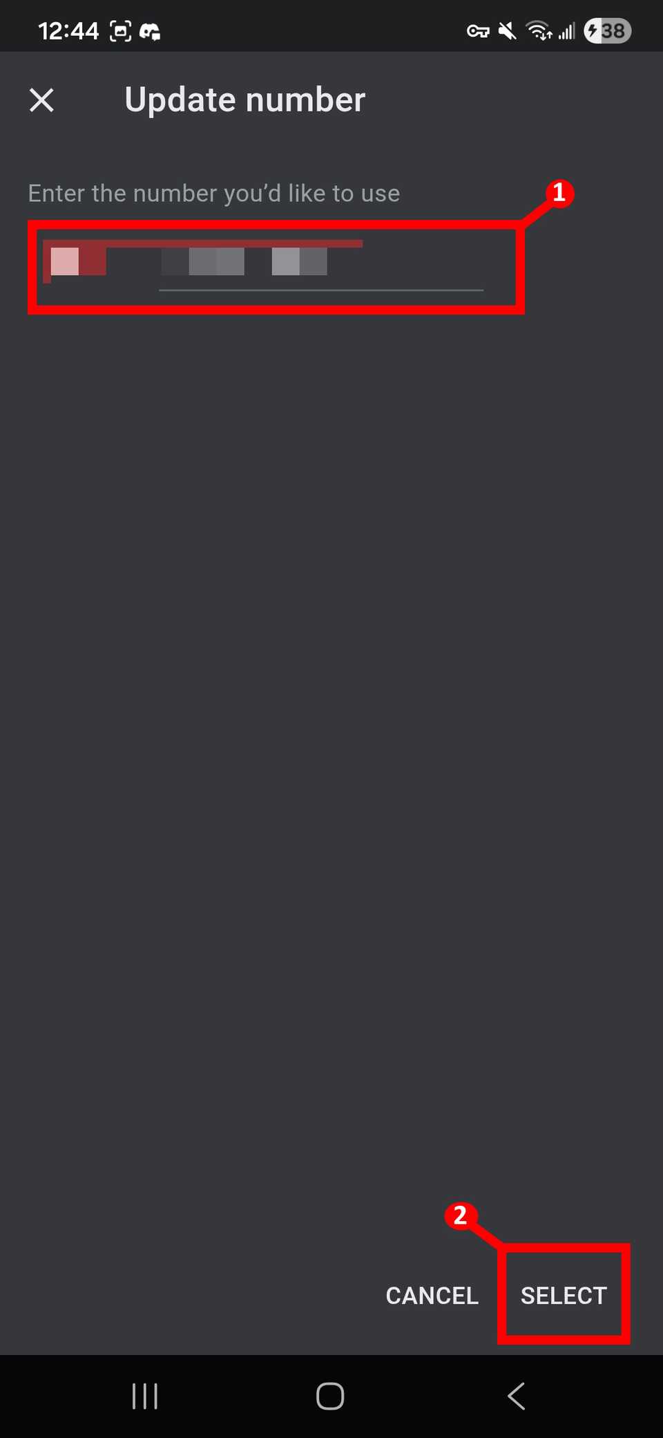 مخططان مستطيلان باللون الأحمر مع تسميات تعرض حقل تعديل رقم الهاتف وزر التحديد في شاشة تحديث الرقم لحساب Google