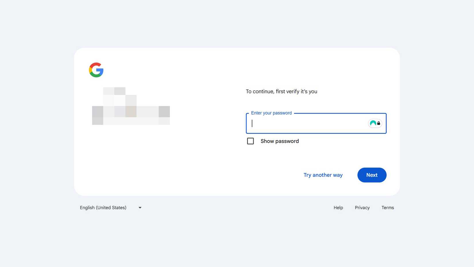 التحقق من الهوية عن طريق تسجيل الدخول إلى صفحة حساب Google الخاصة بك والتي تظهر تجربة طريقة أخرى أو الطريقة التالية على سطح المكتب