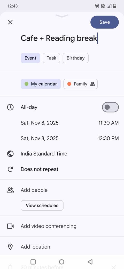 Screenshot showing a cafe schedule in Google Calendar