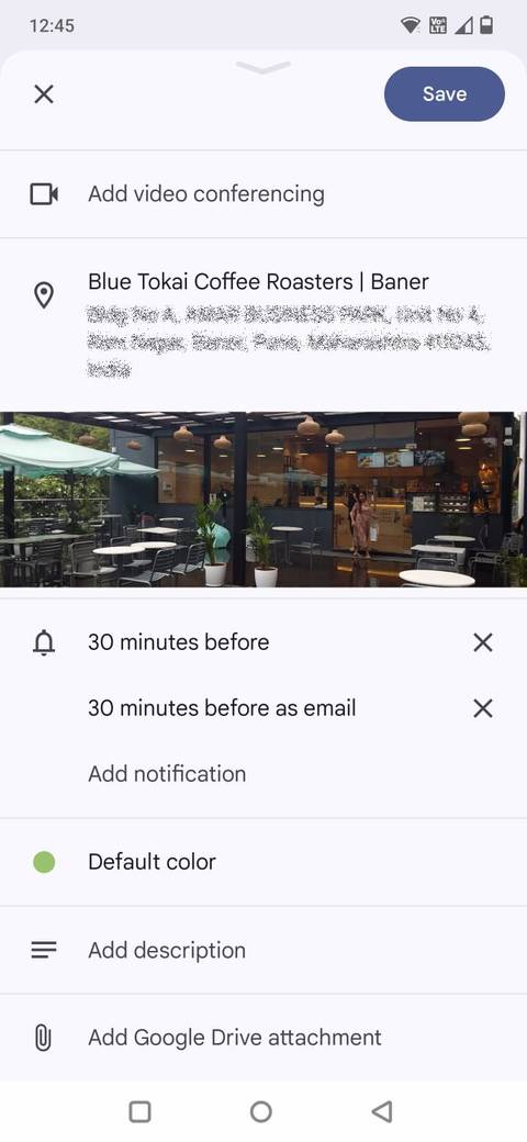 Screenshot showing schedule details in Google Calendar