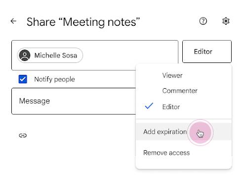 Screenshot highlighting new 'add expiration' button within the share dialog.