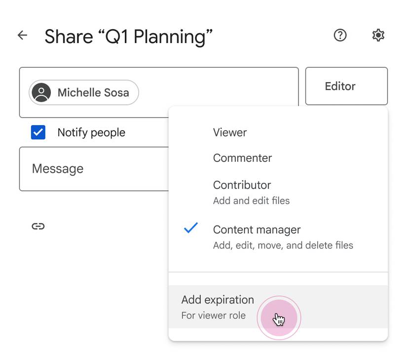Uma captura de tela destacando o novo botão de expiração do Google Drive ao compartilhar pastas.