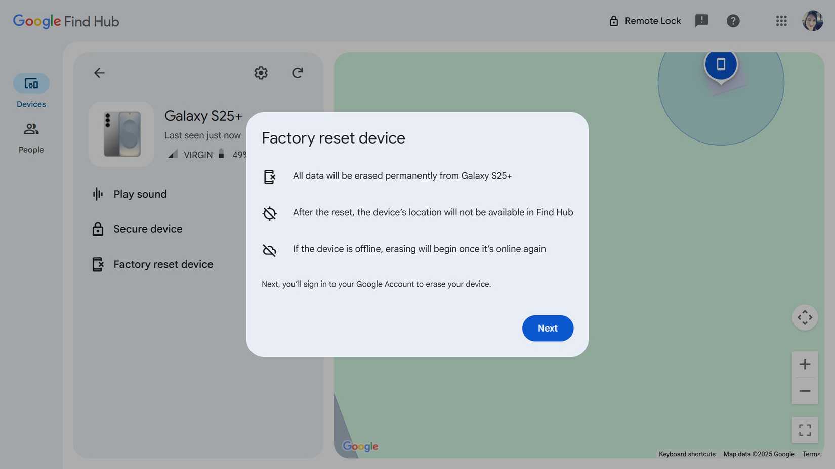 Factory reset device on-screen instructions in Google Find Hub for a lost Android device
