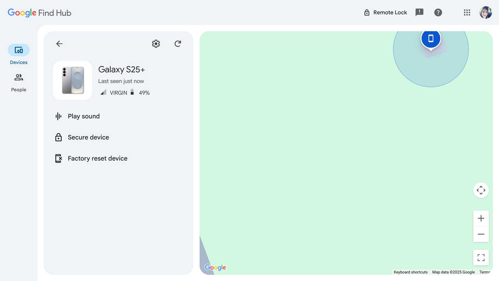 a zoomed in google maps location for where a Galaxy S25+ is located in Google Find Hub