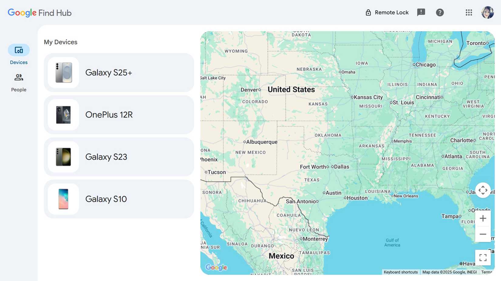 A list of devices shown with Google Find Hub page when signing in with Google account