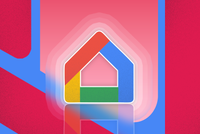 Google Home logo glowing at the center of a red and blue abstract background