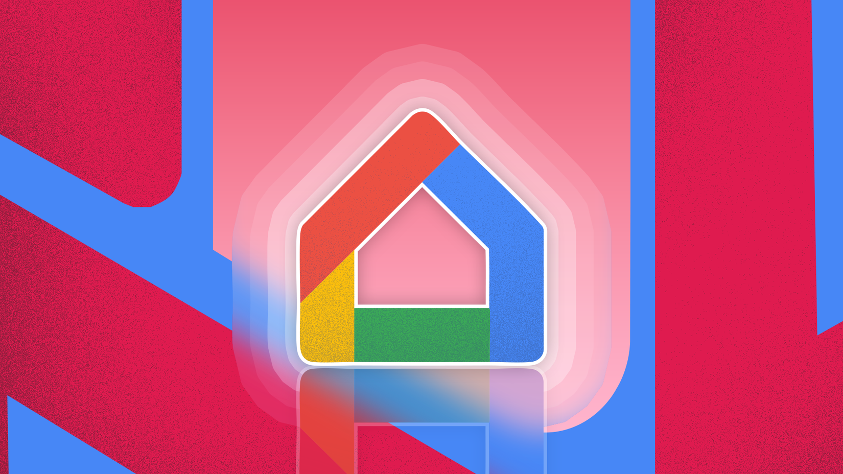 Google Home logo glowing at the center of a red and blue abstract background