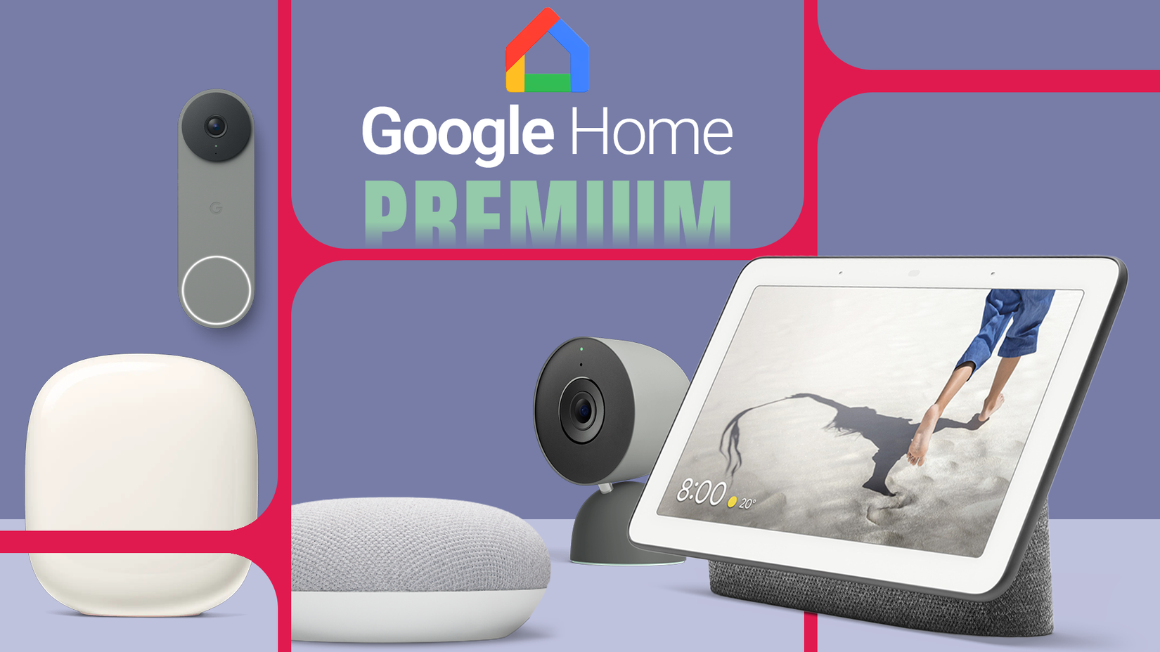 Google Home Premium logo surrounded by Nest devices like the doorbell, camera, smart display, and speaker.