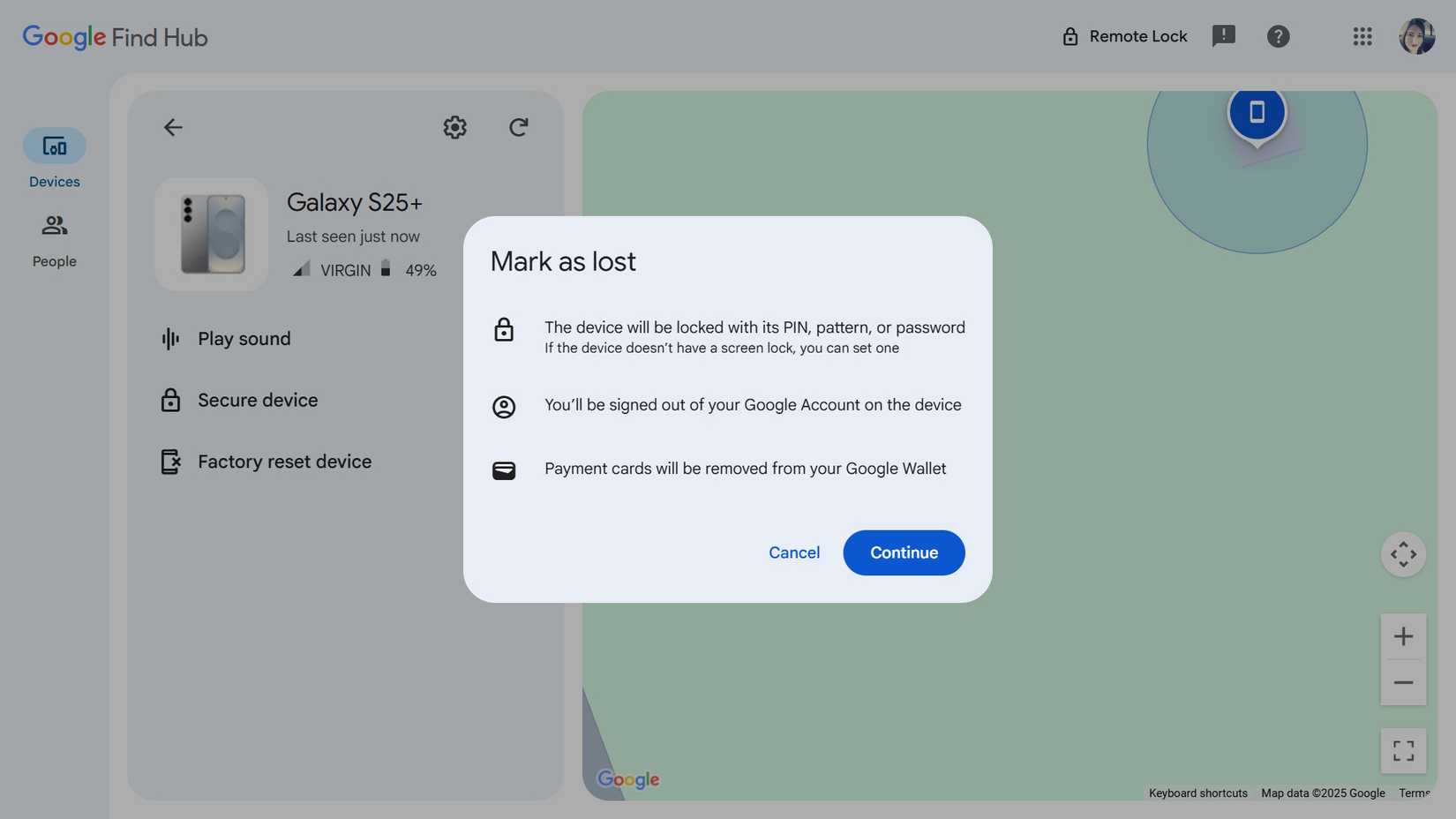 Secure device option for a lost android phone showing the mark as lost window prompt on Google Find Hub
