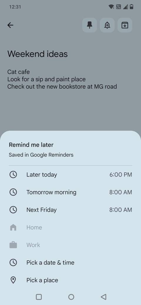 Screenshot showing the reminder options in Google Keep