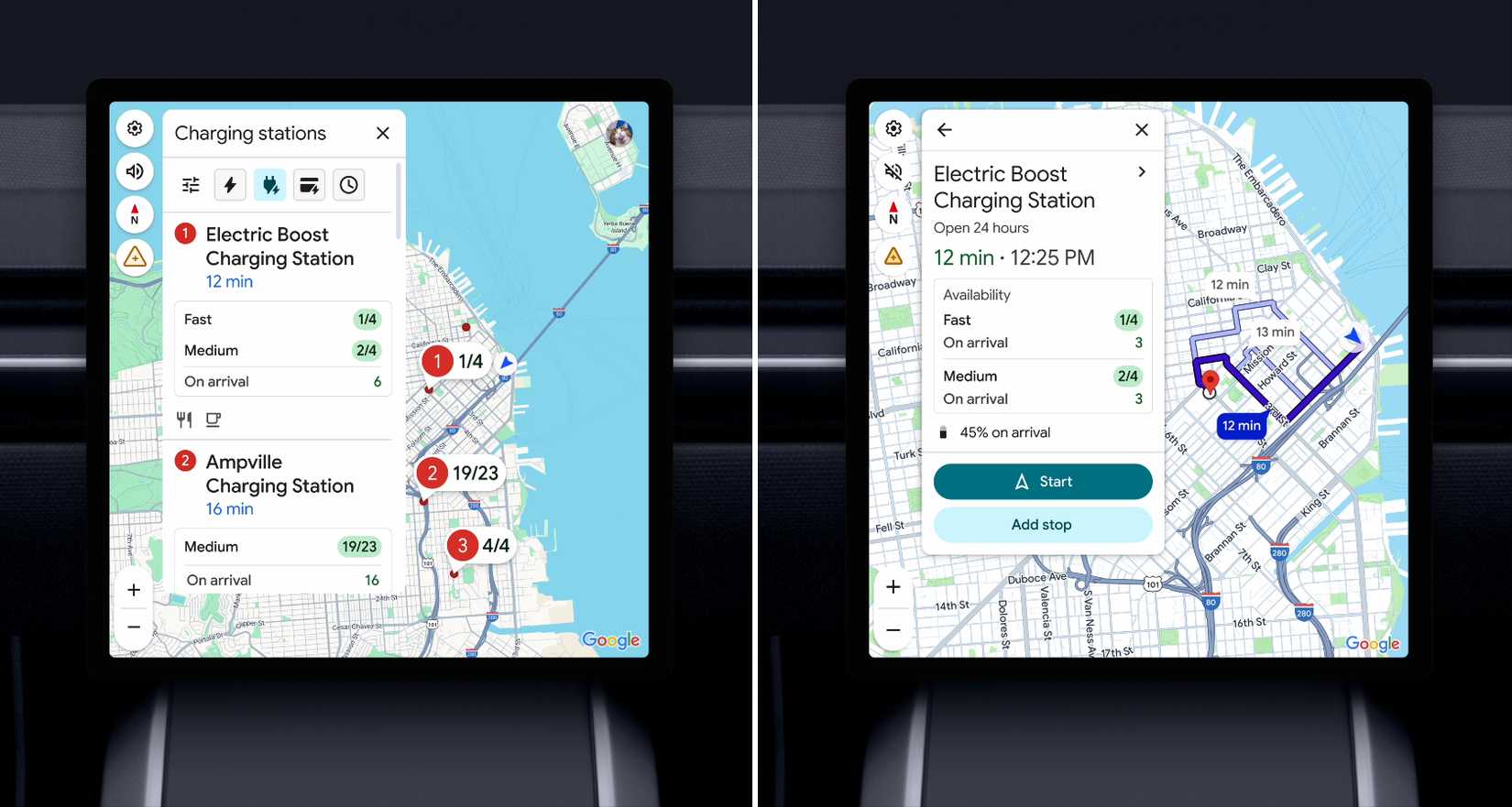 capturas de tela destacando o novo recurso de disponibilidade do carregador de veículos do Maps.