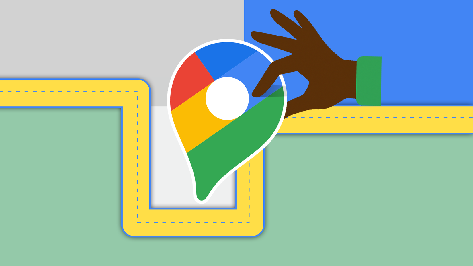 Uma mão segurando o logotipo do Google Maps em um caminho de navegação amarelo sinuoso