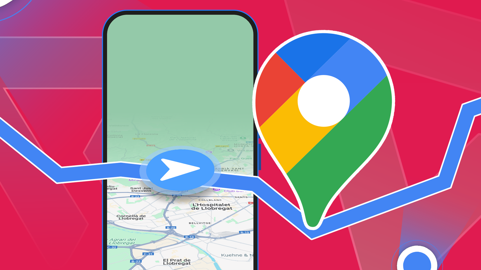 Um smartphone exibindo um mapa com uma linha de rota de navegação azul se estendendo para fora da tela, levando a um grande ícone de alfinete do Google Maps no lado direito