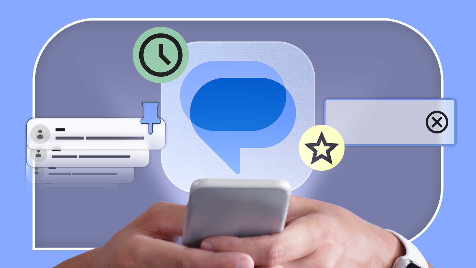 Εικονίδιο Google Messages στο κέντρο, που περιβάλλεται από σύμβολα για καρφιτσωμένες συνομιλίες, μηνύματα με αστέρι και προγραμματισμένη αποστολή, με ένα άτομο που κρατά ένα smartphone στο κάτω μέρος.