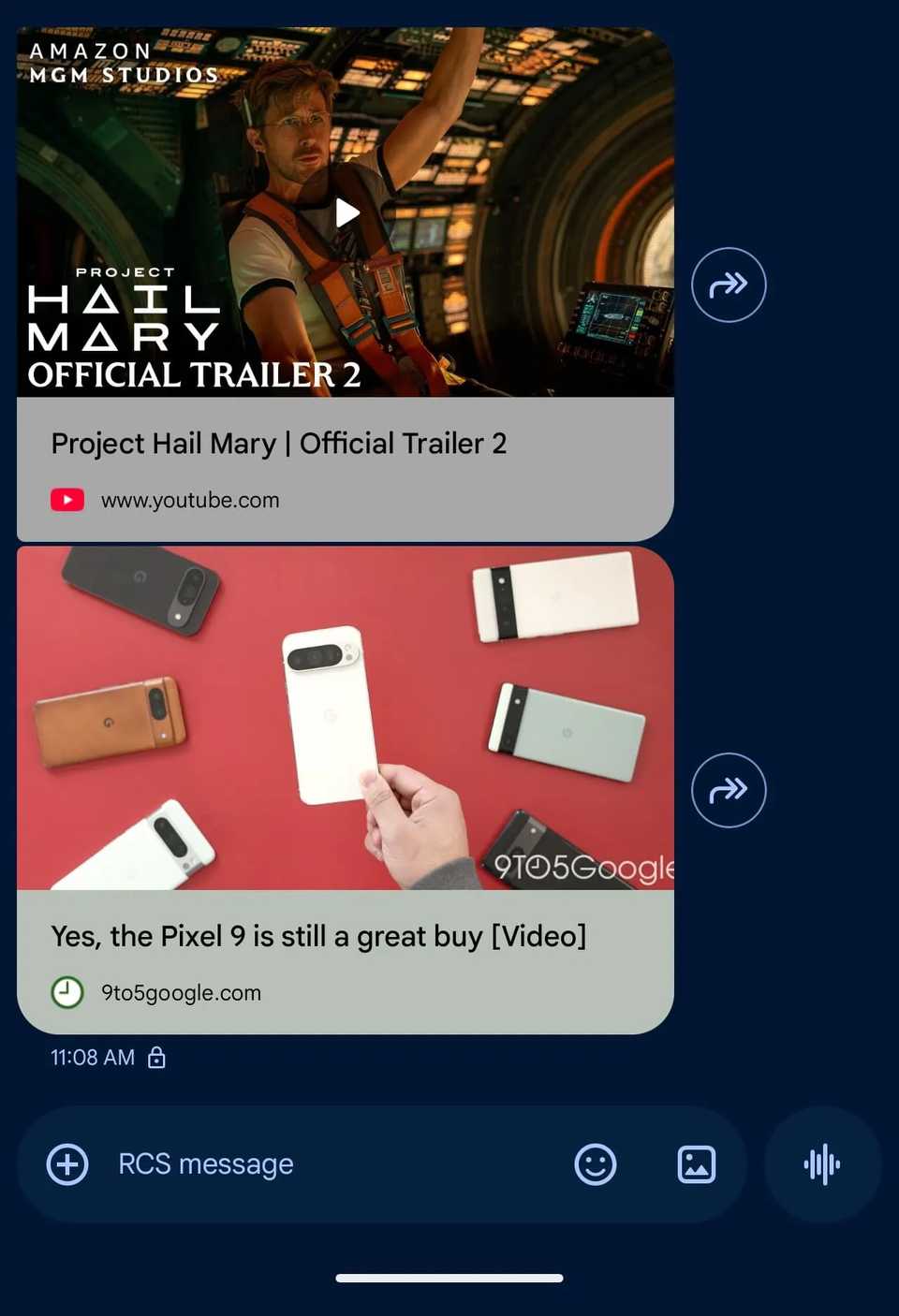 Screenshot showing Google Messages link previews redesign