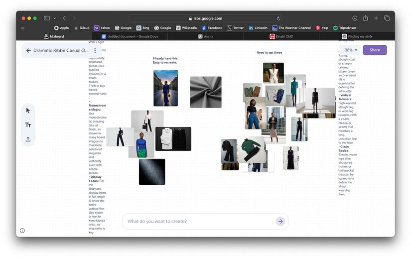 O usuário expõe roupas que já possui e deseja comprar no Google Mixboard