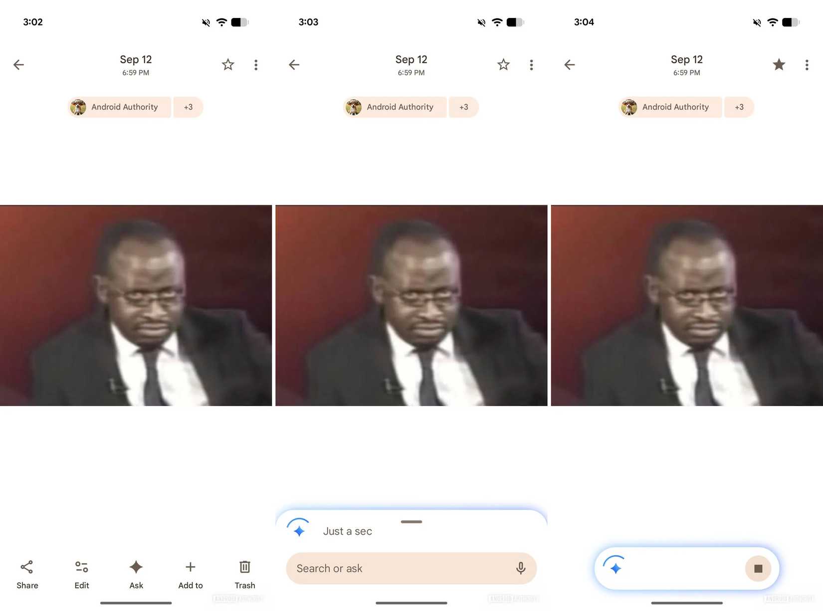 Screenshots highlighting Google Photos' potentially upcoming Ask Photos shortcut.