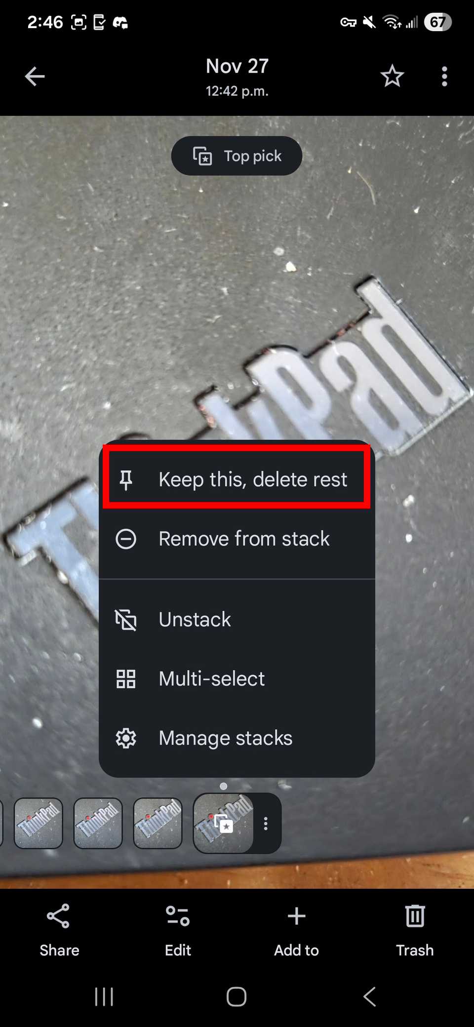 Red rectangle outline highlighting Keep this, delete rest option for the top pick in a photos stack in Google Photos app