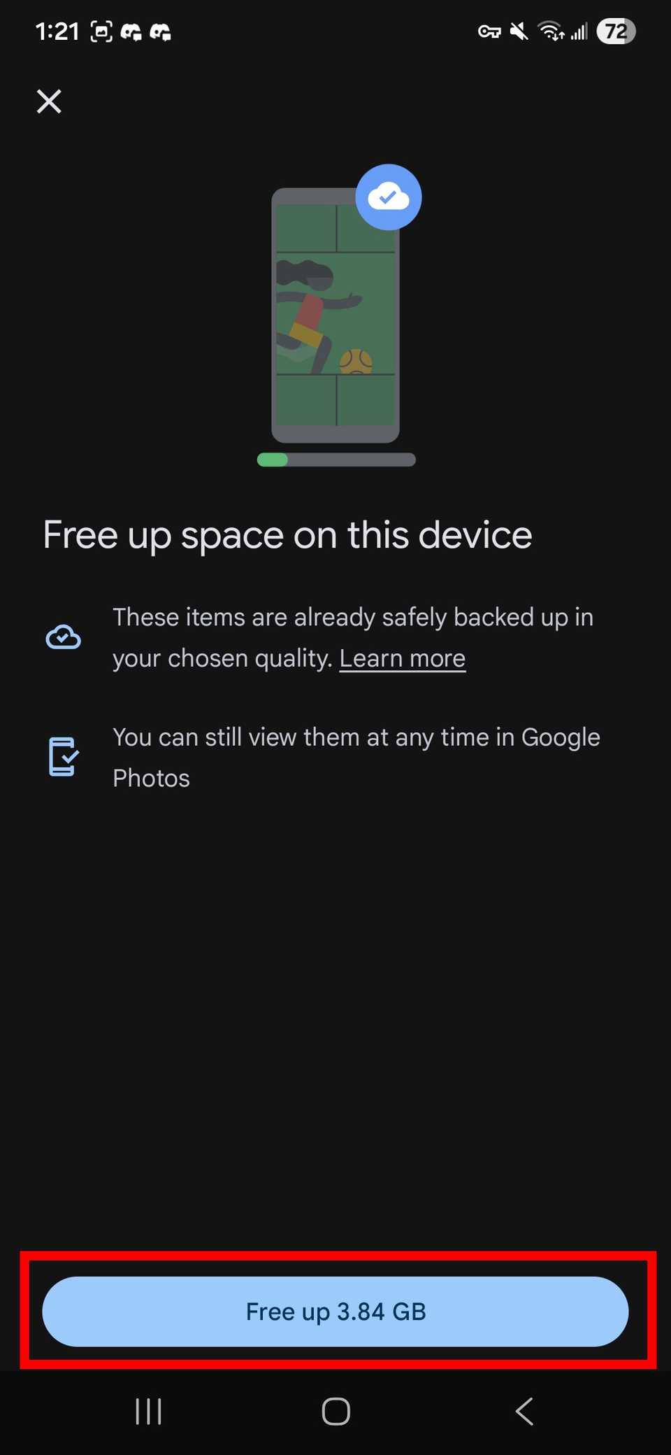 Red rectangle outline highlighting Free up 3.84 GB of space in Google Photos app