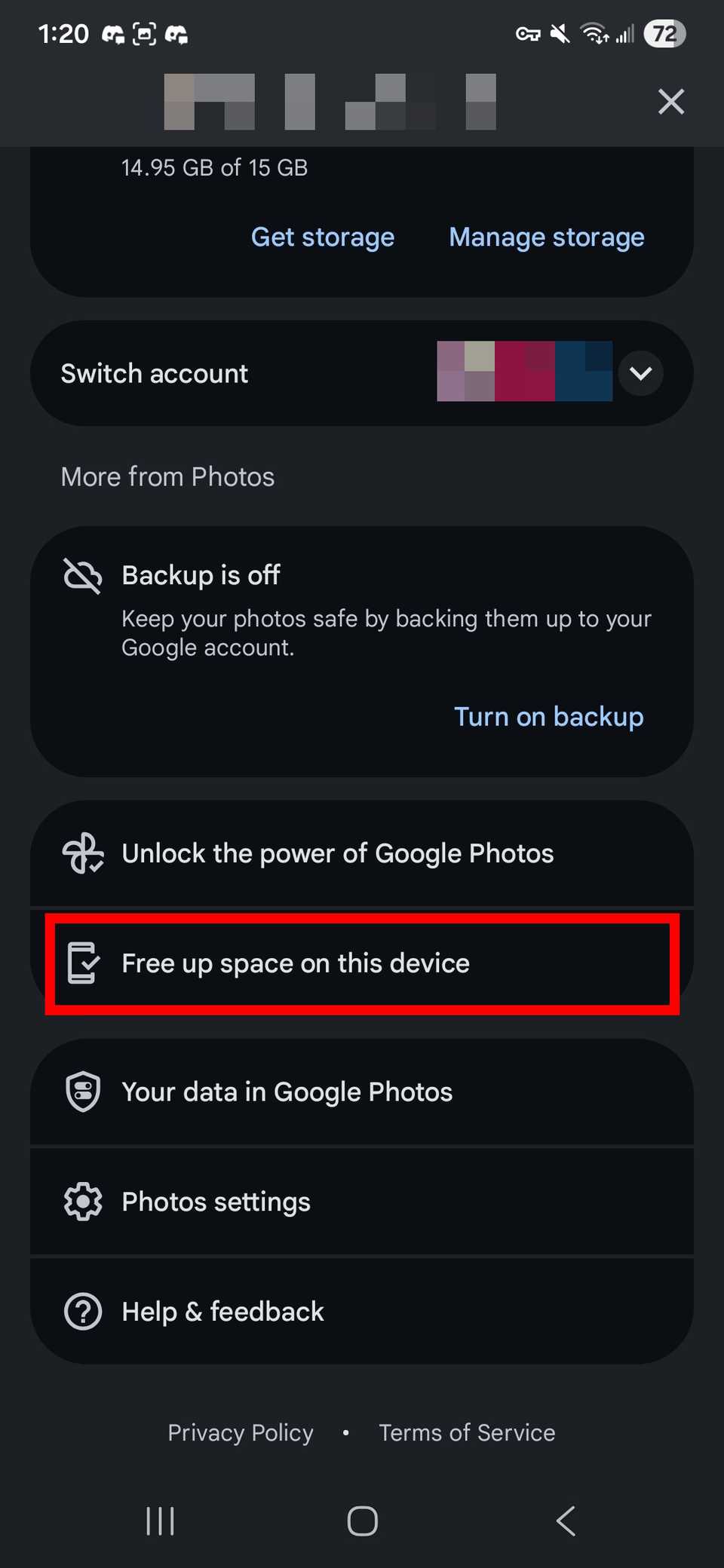 Red rectangle outline highlighting Free up space on this device in Google Photos app
