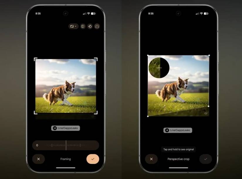 Screenshots detailing the Google Photos app's perspective crop tool for image editing