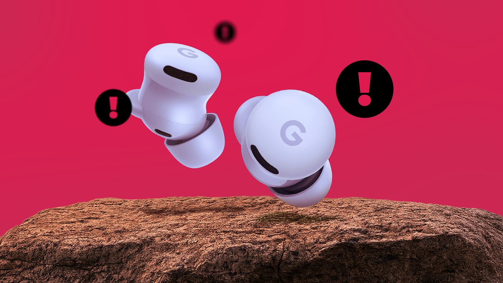 Google Pixel Buds 2a floating above a cracked rocky surface, with black exclamation-mark warning icons around them on a red background.