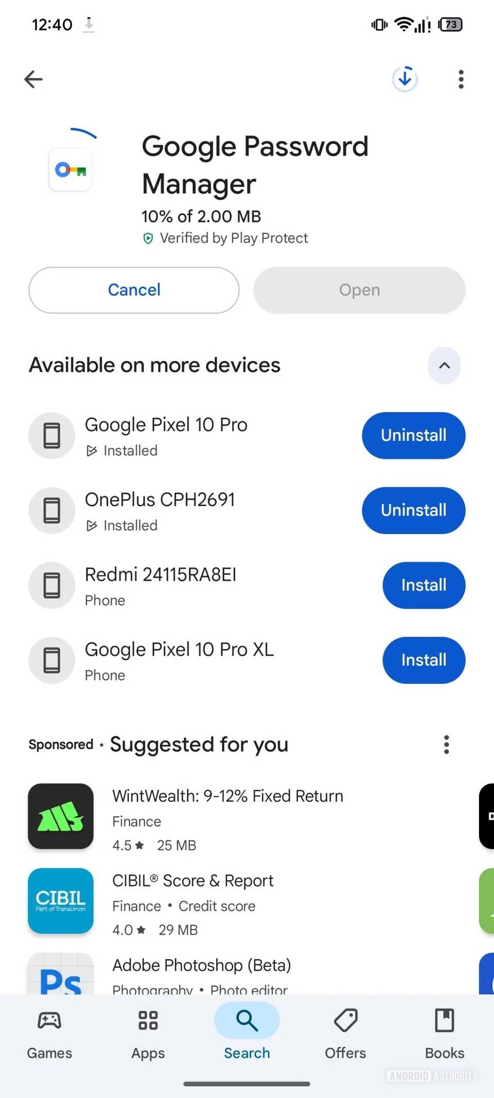 Screenshot showing new Uninstall button on Google Play Store listing