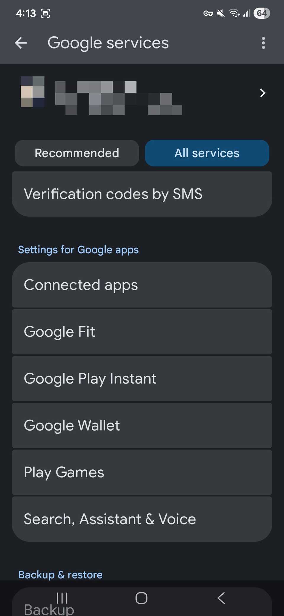 A list of google apps settings shown for a default Google account an Android device