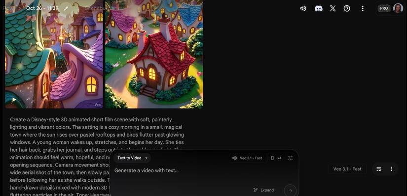 Google Flow web app showing video generated from Disney-referenced prompt