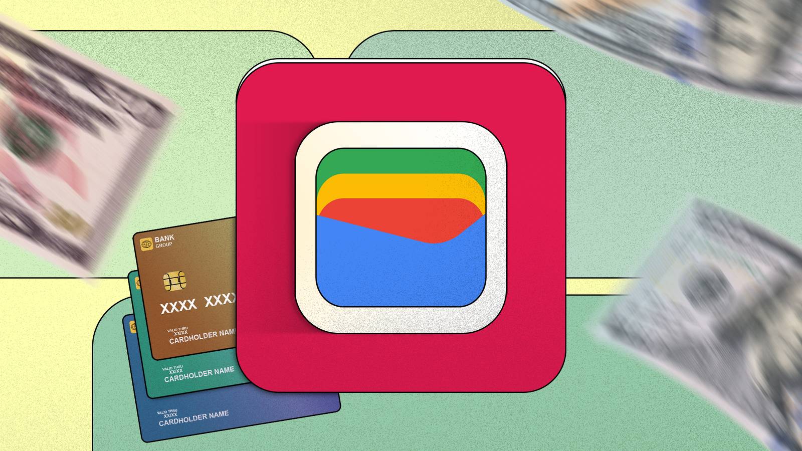 Google Wallet icon in the center, surrounded by flying dollar bills and stacked credit cards in the background