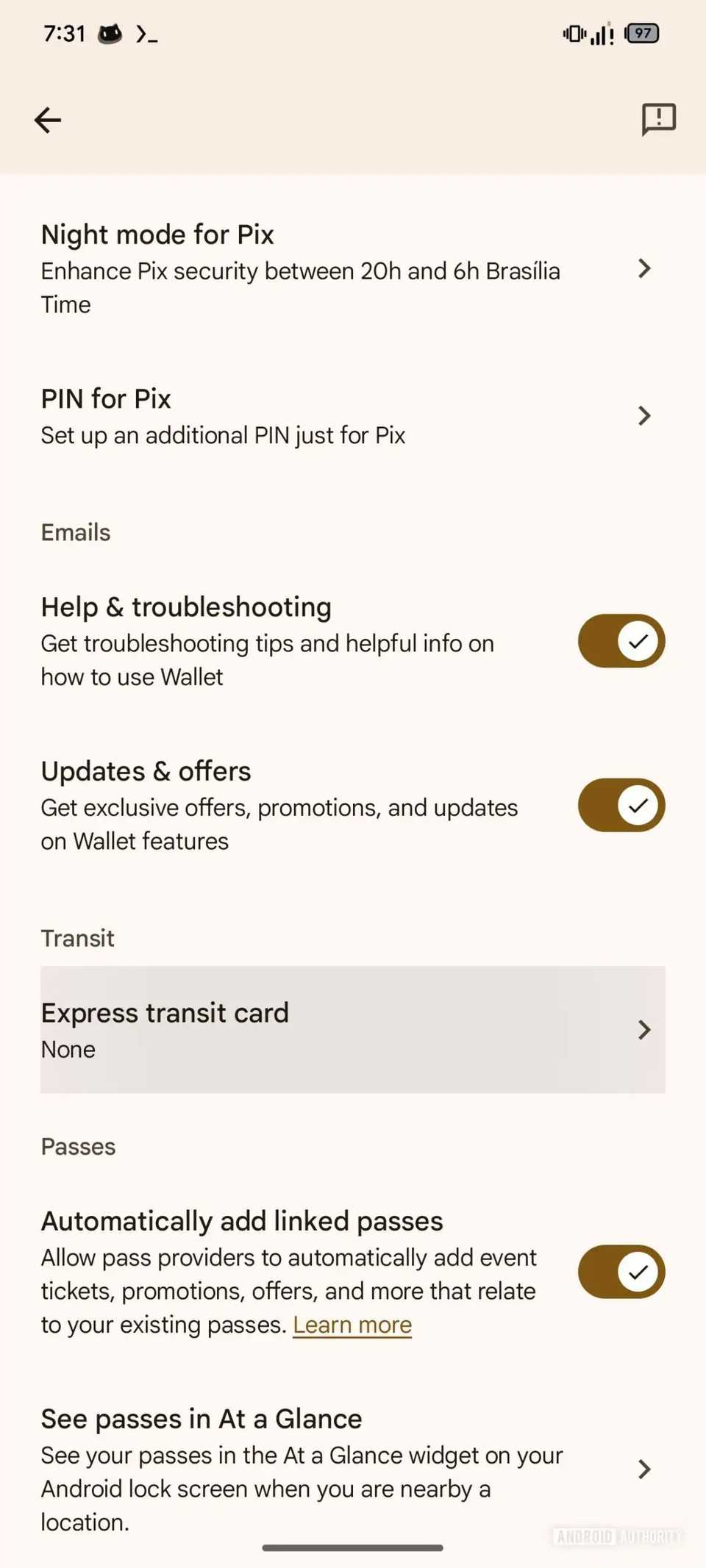 Screenshot showing Google Wallet's new Express Transit Card feature