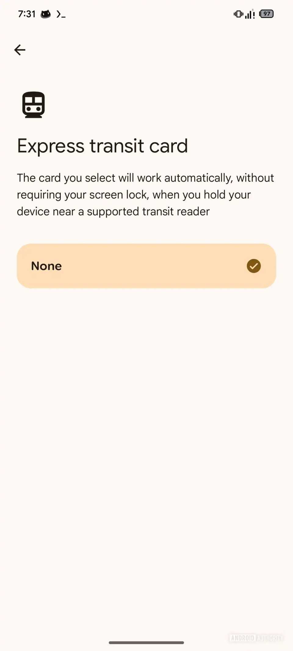 Screenshot showing Google Wallet's new Express Transit Card feature