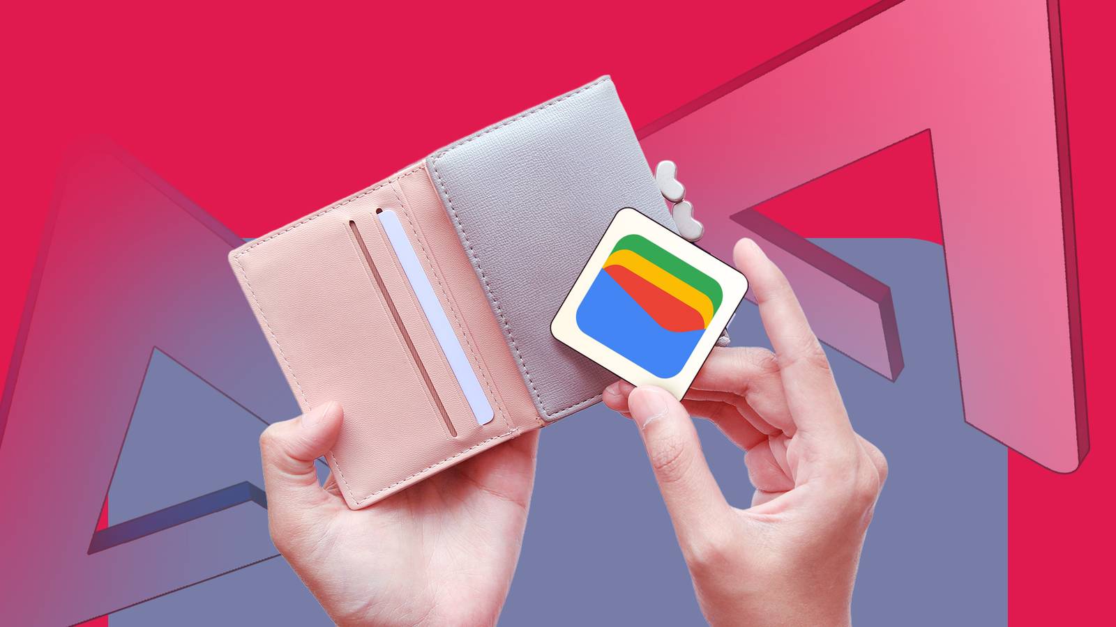 One hand holding an open wallet while the other hand holds the Google Wallet logo