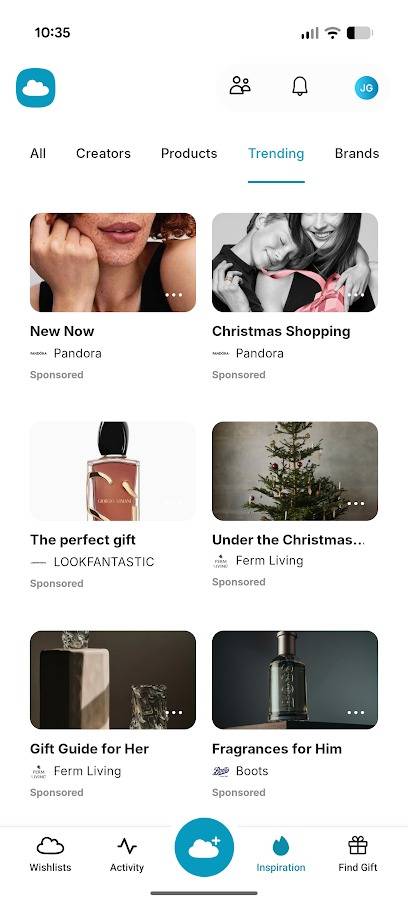 εφαρμογή gowish που εμφανίζει επιλογές λίστας επιθυμιών