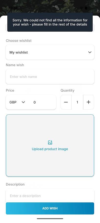 εφαρμογή gowish που εμφανίζει λεπτομέρειες για τα στοιχεία της λίστας επιθυμιών