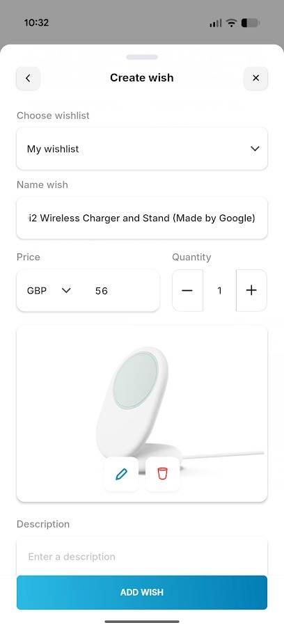 εφαρμογή gowish που εμφανίζει λεπτομέρειες για το αντικείμενο των επιθυμητών