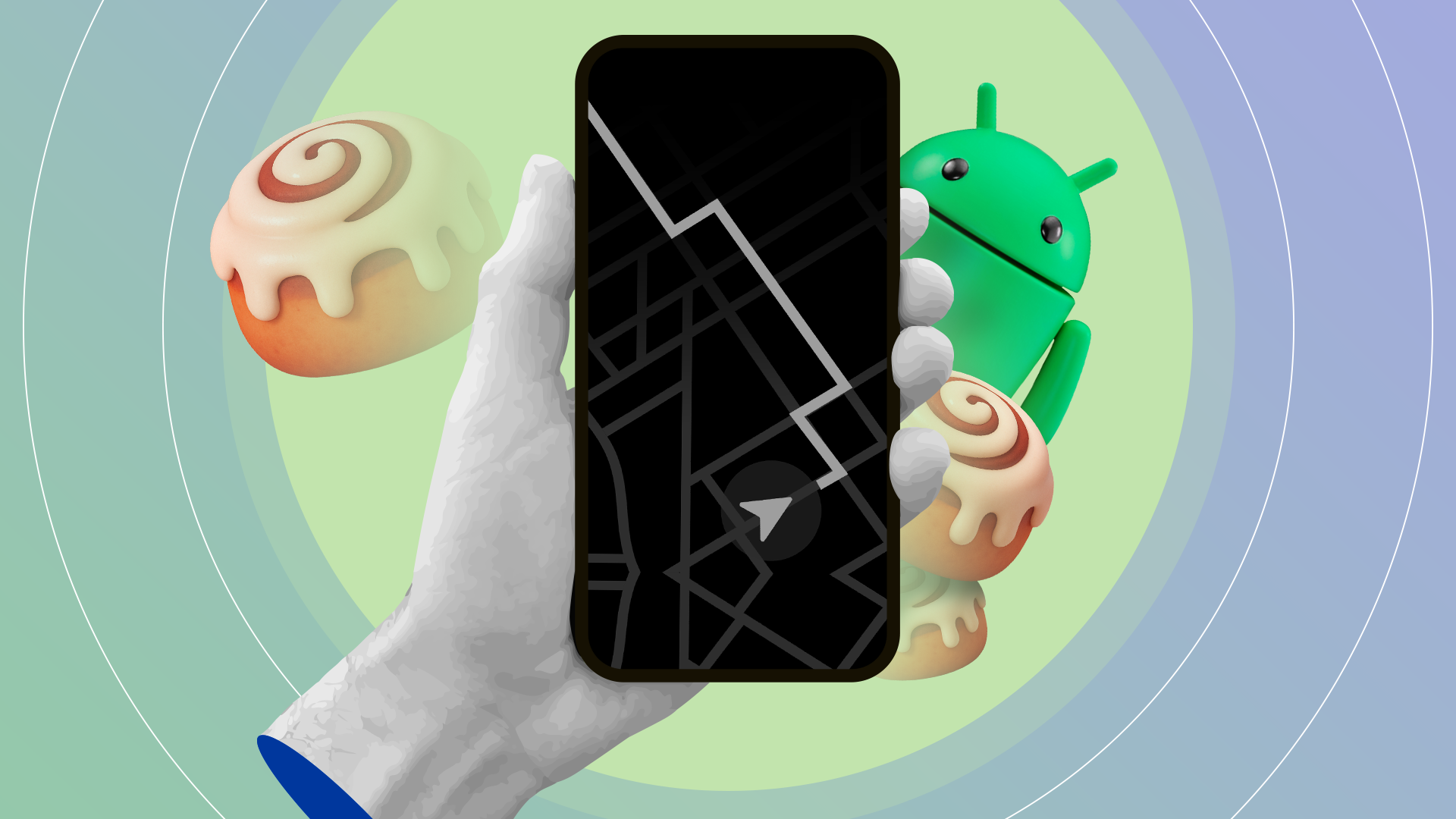 Mano che tiene un telefono che mostra una mappa minimalista sul display sempre attivo, con la mascotte di Android e i panini alla cannella sullo sfondo.